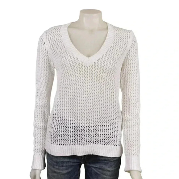 Tommy Hilfiger Open Knit Sweater White V-Neck Sheer  Cotton Size Large - Picture 1 of 8
